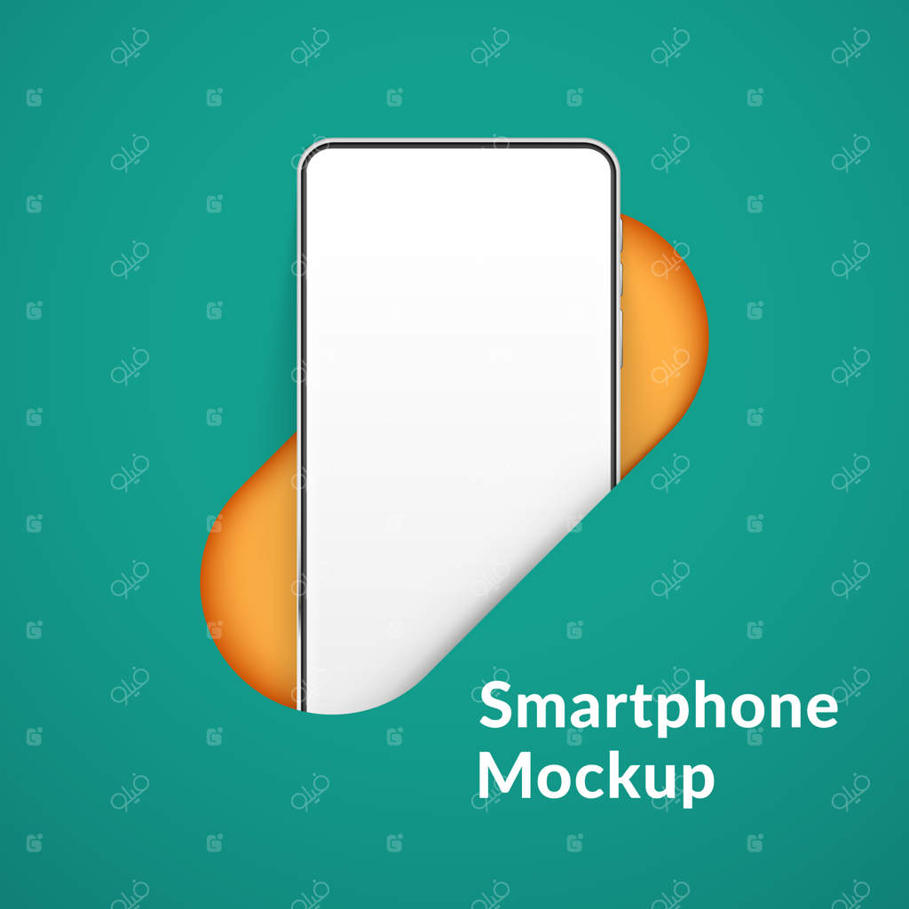 گوشی هوشمند سفید درون حفره: تصویر قالبی تلفن همراه با صفحه‌نمایش خالی بر روی پس‌زمینه سبز