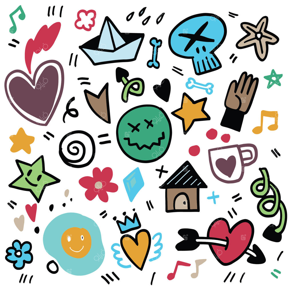 مجموعه‌ای رنگارنگ از نقاشی‌های قلب و نمادهای جالب روی پس‌زمینه سفید