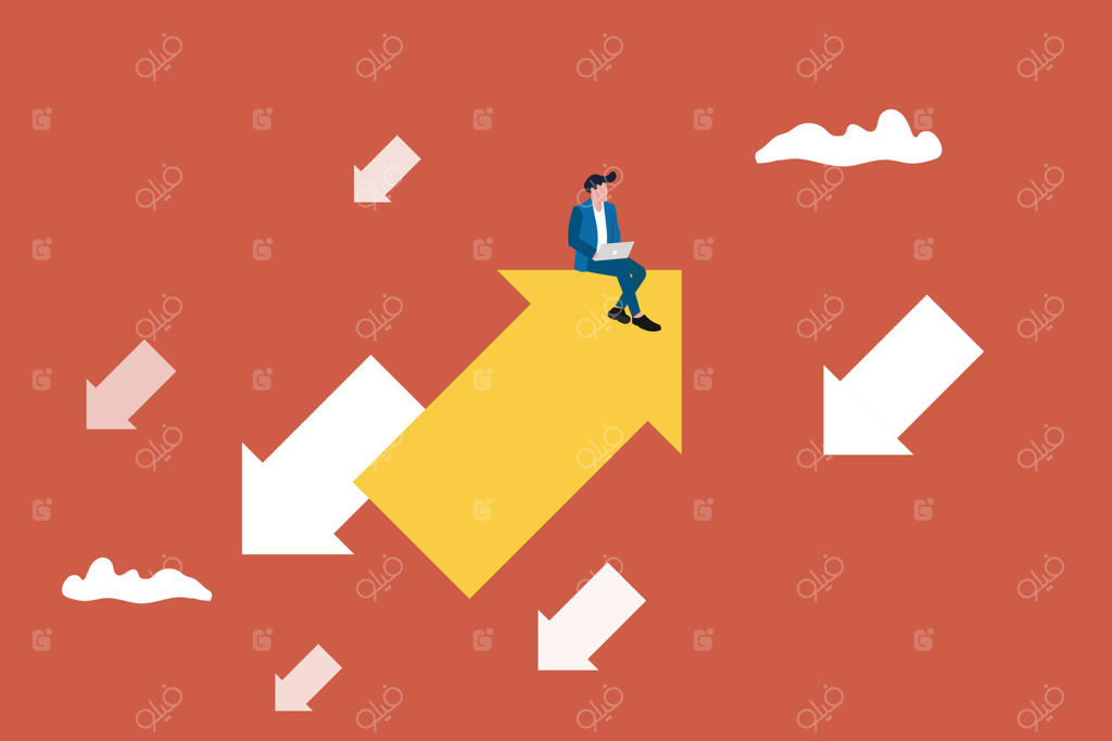 تاجر روی فلش نشسته است: مفهوم بازار صعودی و رشد مثبت کسب‌وکار، جاه‌طلبی