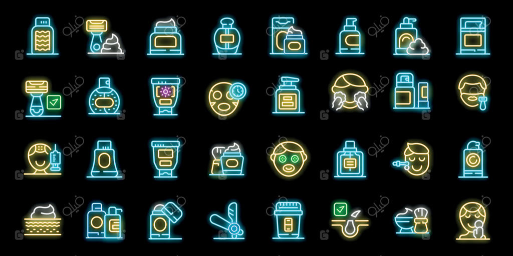 آیکون‌های نئون مراقبت پوستی و آرایشگری نماد زیبایی، بهداشت و خودمراقبتی