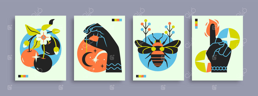 مجموعه پوسترهای انتزاعی با دست‌ها، حیوانات و عناصر و اشکال مفهومی