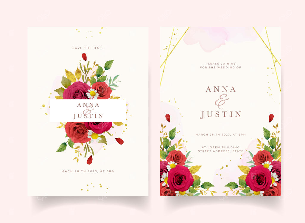 دعوتنامه عروسی با طرح گل‌های رز قرمز آبرنگی