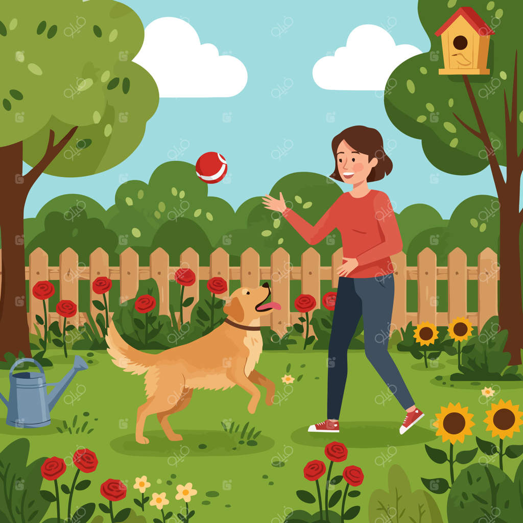 بازی با سگ در باغچه‌ای پر از گل و لانه پرنده