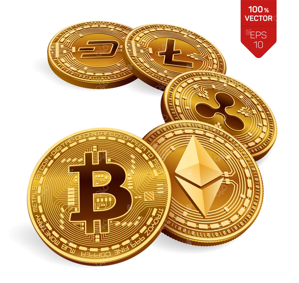 سکه‌های فیزیکی ارز دیجیتال: بیت‌کوین، ریپل، اتریوم، دش و لایت‌کوین.