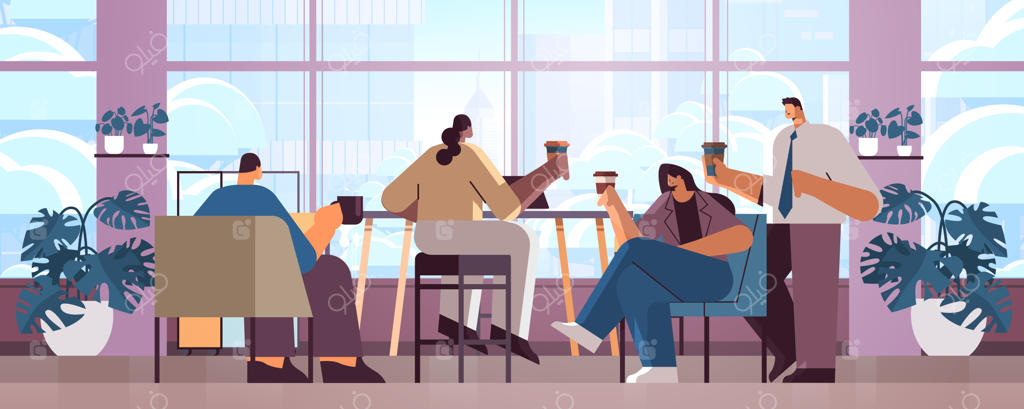 ملاقات بازرگانان دورگه در کافه: نوشیدن قهوه و گفتگو در فضایی مدرن