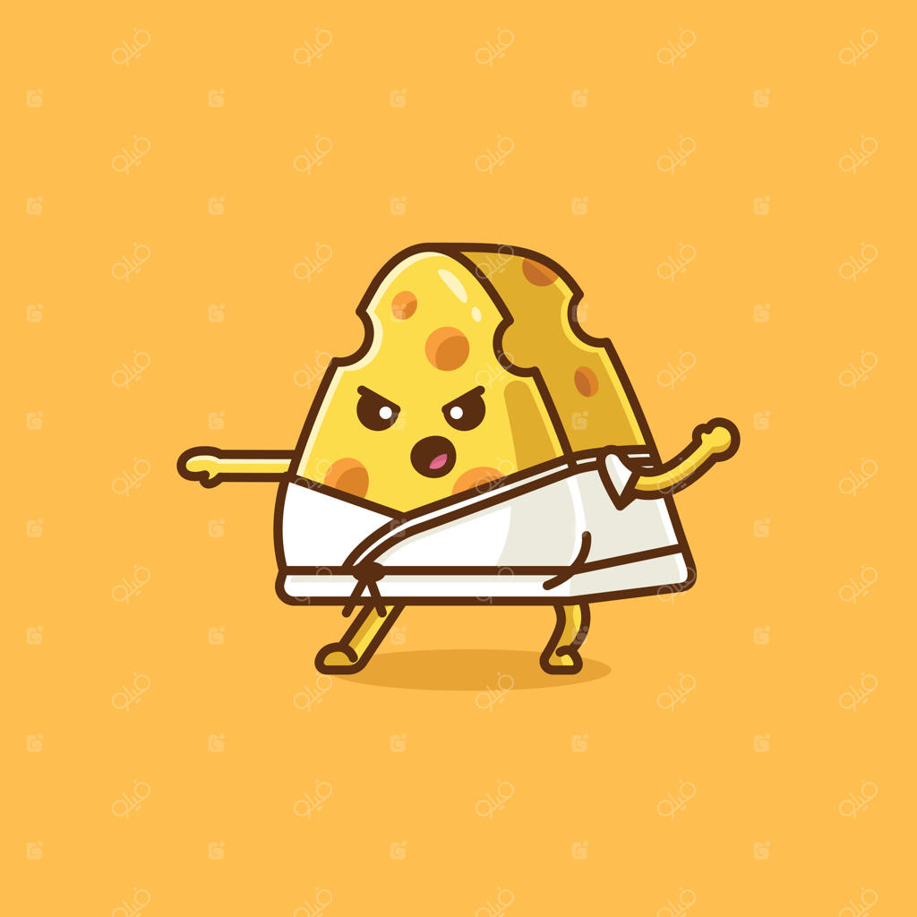 مجموعه‌ای از طرح‌های کارتونی پنیر بامزه در حال تمرین کاراته - نماد مفهومی فعالیت‌های پنیر