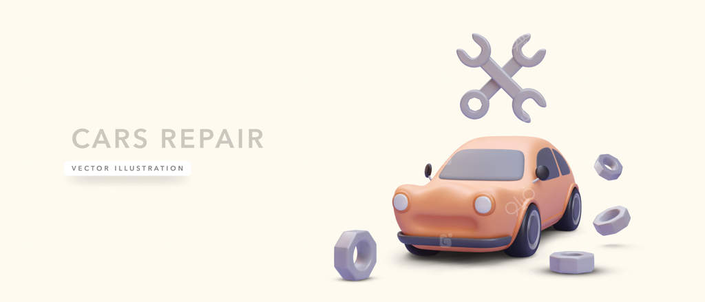 بنر مفهومی تعمیر خودرو با تصویر واقعی ماشین روی پس‌زمینه زرد - تصویر وکتور