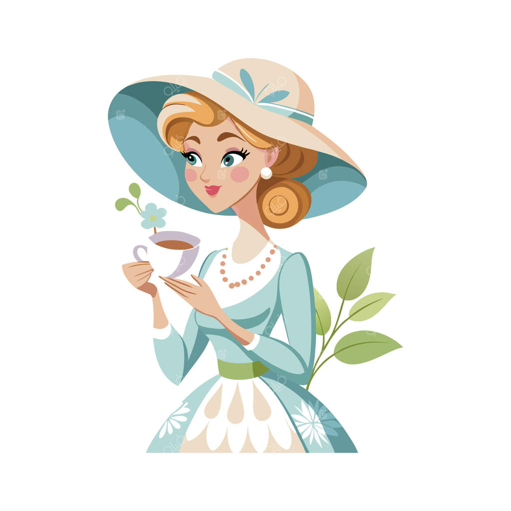 تصویرسازی مدل مد با تم چای در باغ زیبا