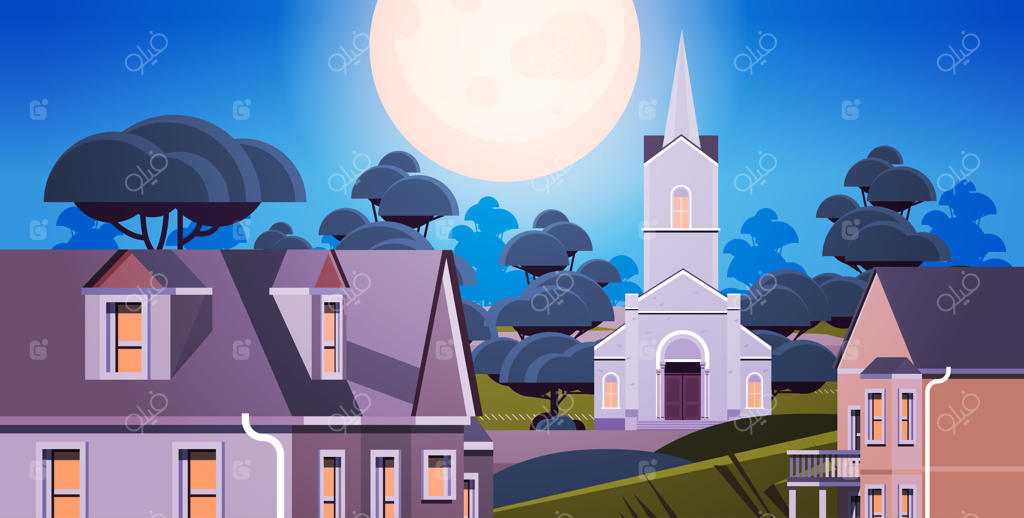 نمای معاصر کلیسا و ساختمان‌های مسکونی در معماری پس‌زمینه شبانه منظره شهری