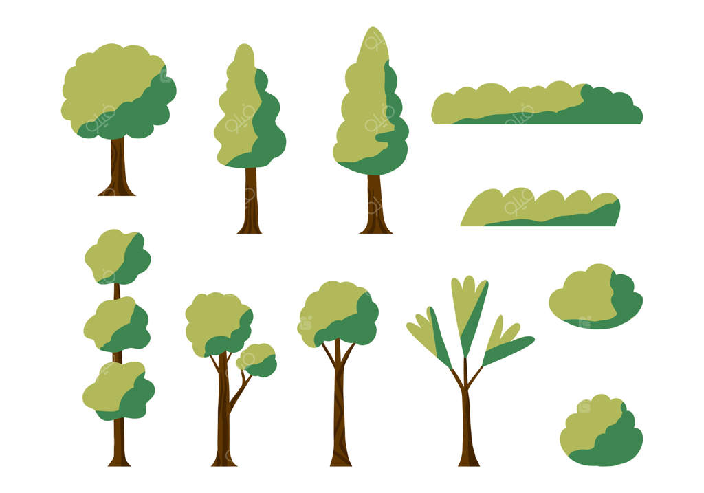 مجموعه‌ای از درختان و بوته‌های طبیعت: شامل 11 طراحی سبک‌پرداز از درختان و بوته‌ها با اشکال و سبک‌های مختلف، ایده‌آل برای طراحی‌های مرتبط با طبیعت، باغ یا پارک