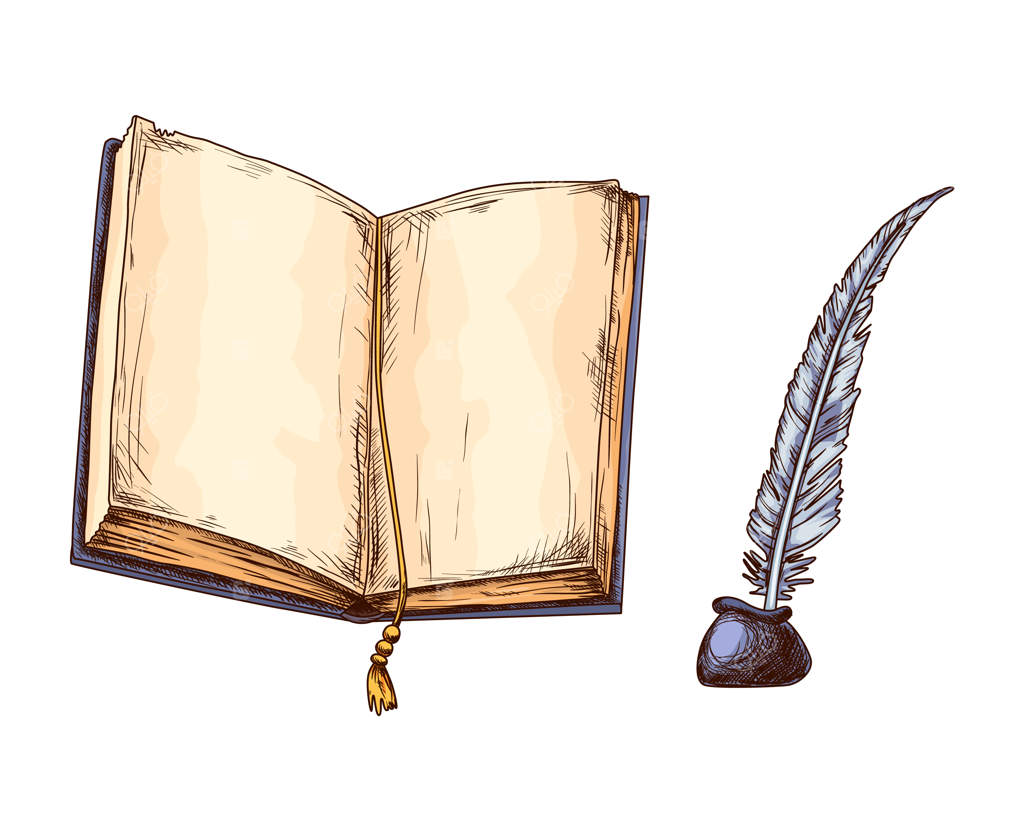 کتاب قدیمی و قلم‌ پر در دوات: مفهومی از آموزش و حکمت