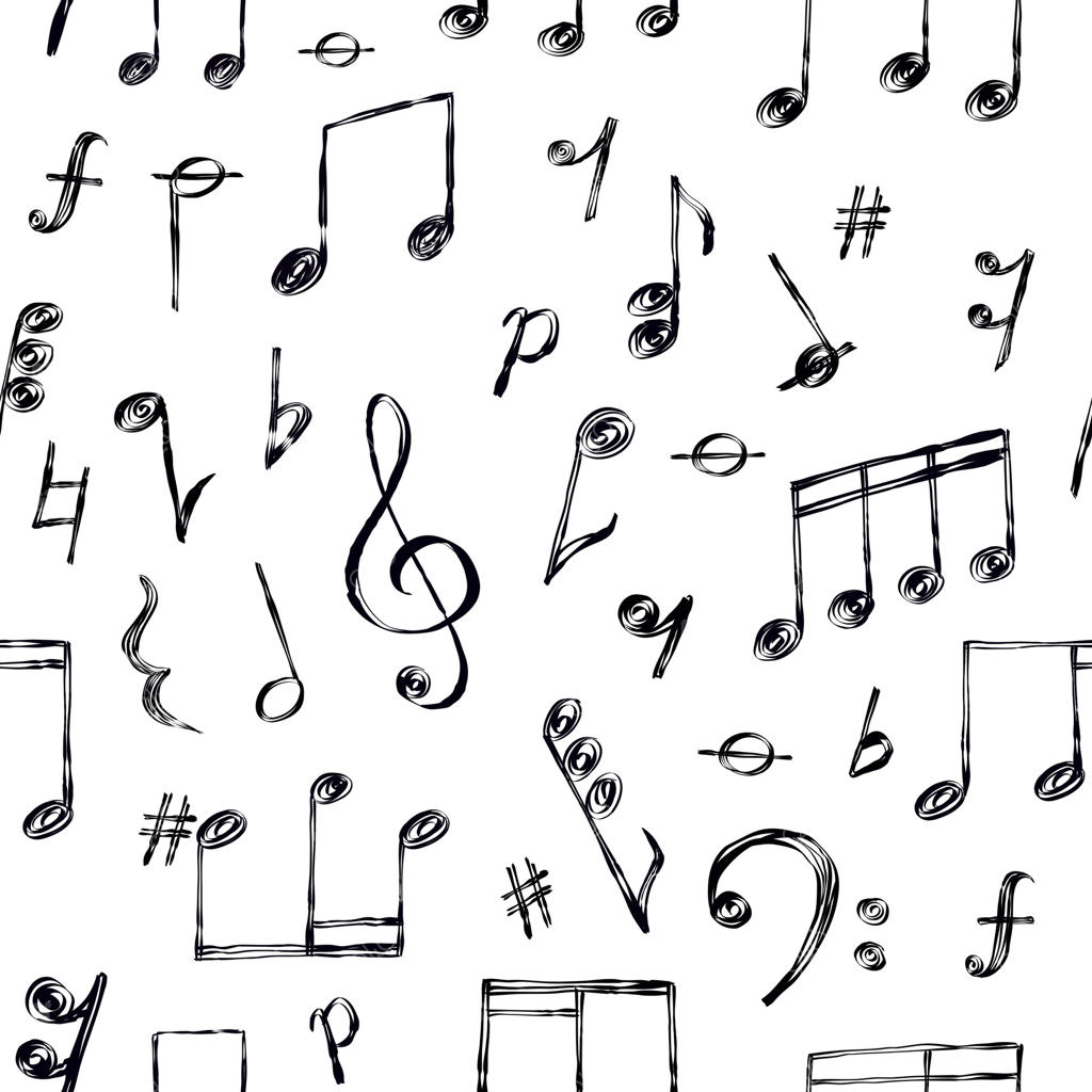 نت‌های موسیقی و علائم کلید، الگوی یکپارچه ملودی. کاغذ دیواری طرح‌دار سمبل‌های صوتی دست‌کشیده. چاپ وکتوری نت‌نویسی موسیقی