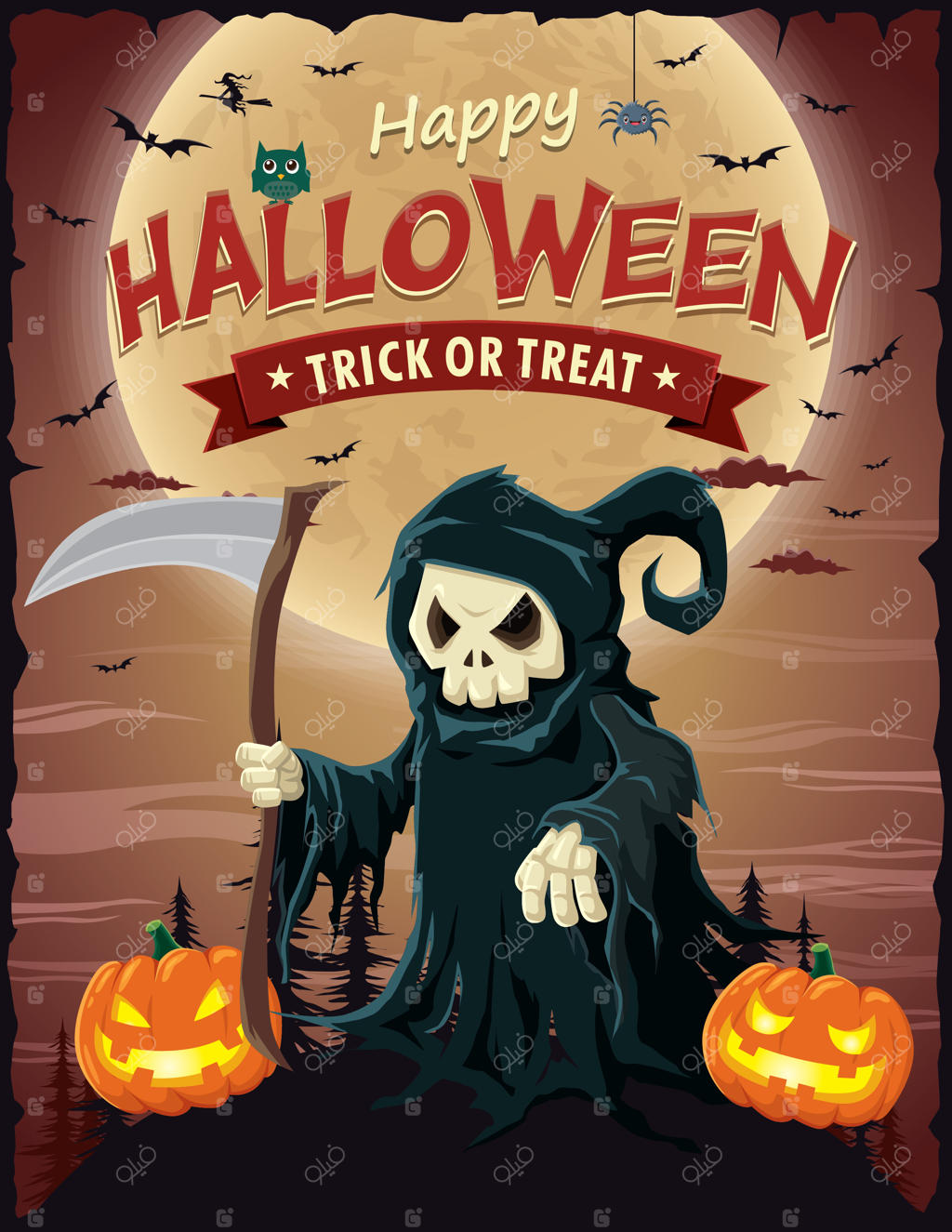 طراحی پوستر هالووین قدیمی با شخصیت دروگر وکتور.