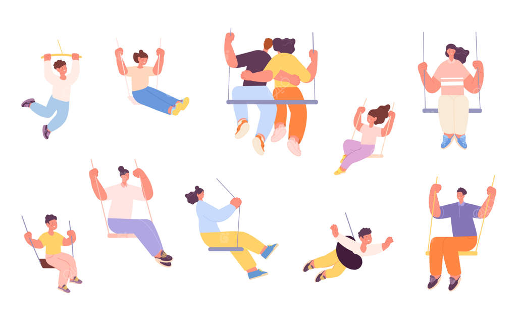 زمان تاب بازی: انسان‌ها در حال استراحت روی تاب‌ها - لذت بزرگسالان و کودکان از آرامش و تفریح - استراحت شاد، قرار عاشقانه و بازی - مجموعه‌ کامل وکتور