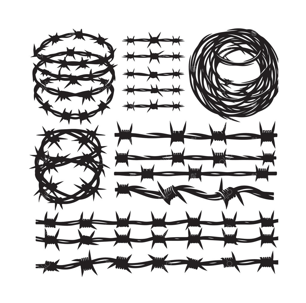 مجموعه سیم خاردار بر روی پس‌زمینه سفید. سیم تیغ‌دار با سبک مینیمال و هندسی. مجموعه‌ای از حصارهای زندان بی‌رحم. تصویرسازی مناسب برای طراحی وب.