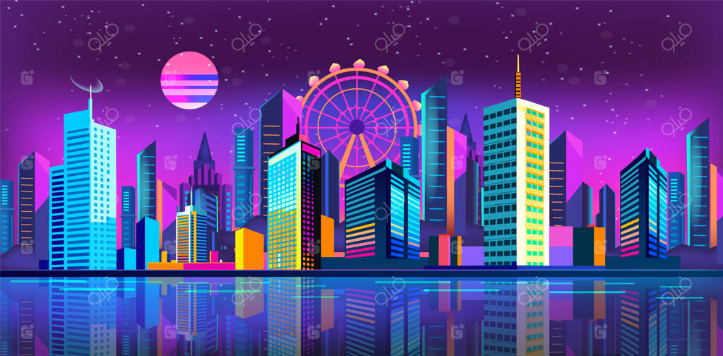 منظره شهری آینده‌نگرانه: طراحی تخت از یک شهر در شب با نئونی بنفش درخشان و زمینه تیره