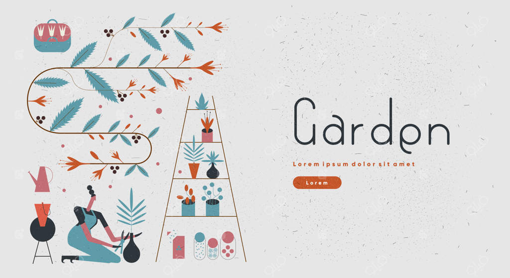 کشاورزی باغی: مردم به باغبانی و زراعت مشغولند - پوستر خوشنویسی با تزئین گل و گیاه - تصویرسازی مسطح وکتوری