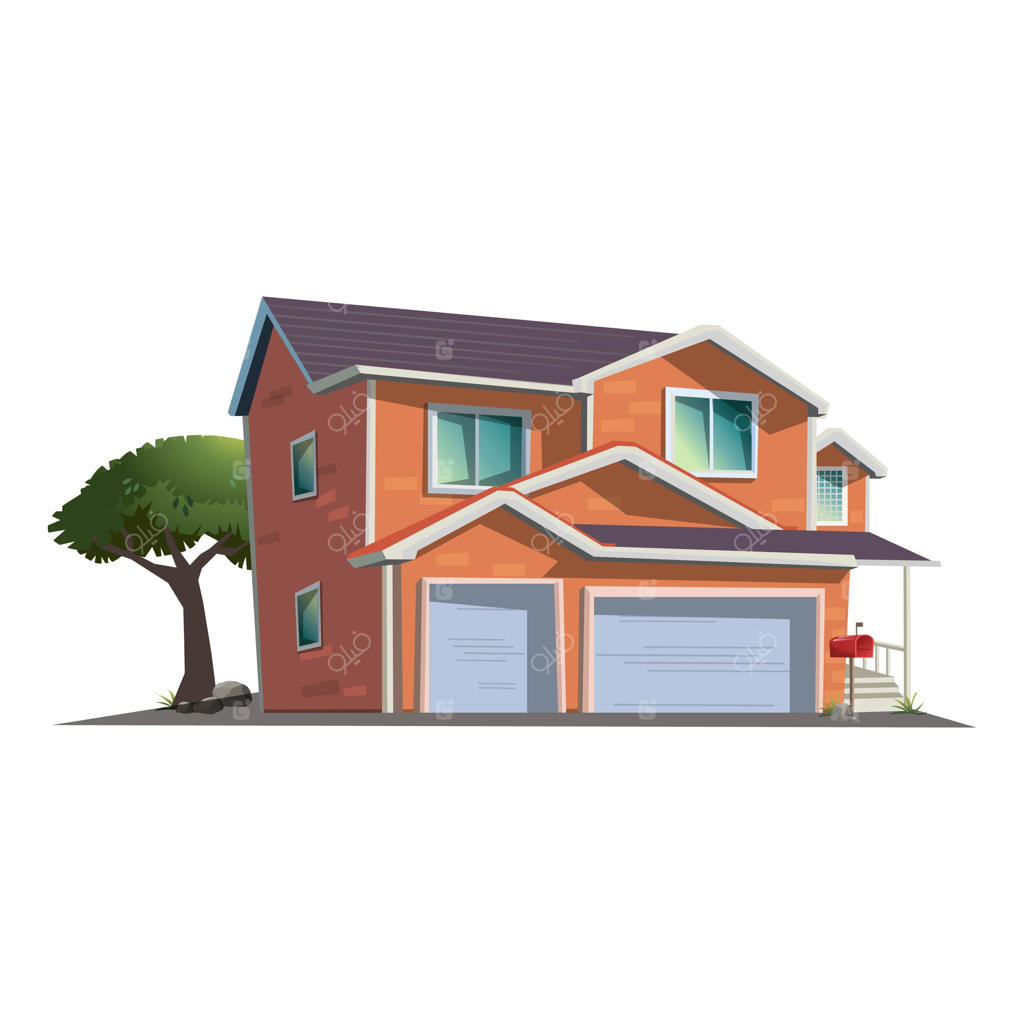 ساختمان، کلبه مدرن با نمای پرسپکتیو و درخت سبز و تیر قرمز به سبک کارتونی.