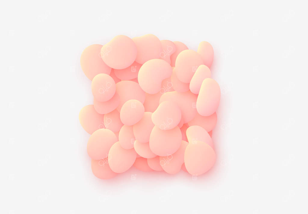 پس‌زمینه مجزای مربع صورتی. عناصر طراحی شامل اشکال پلاستیکی گرد و مایع، سنگ‌های صاف دریایی، حباب‌های پاشش مایع تخت. اجسام سه‌بعدی و سیال. پترن مدرن و انتزاعی از مواد آلی.