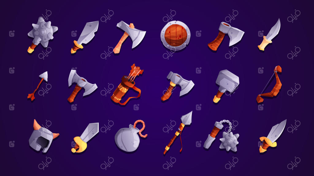 مجموعه‌ای از سلاح‌های کهن: سبک کارتونی فانتزی شوالیه، شمشیر، خنجر و نیزه - عناصر بازی وکتوری برای RPG