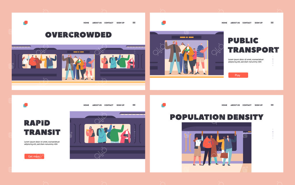 مجموعه قالب صفحه فرود حمل و نقل عمومی: مسافران در ایستگاه مترو، نگه‌داشتن دستگیره‌ها در قطار زیرزمینی