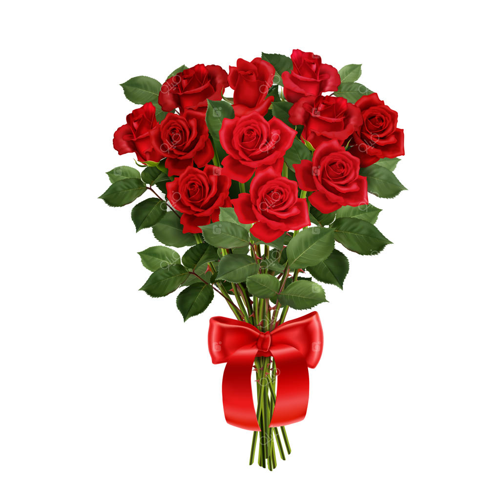 دسته‌ای از گل‌های رز قرمز با روبان در تصویرسازی واقع‌گرایانه در پس‌زمینه سفید