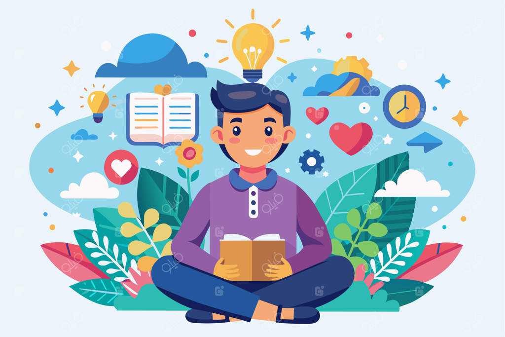 شخصی با آرامش و کتاب، در محاصره نمادهای الهام و مثبت‌اندیشی برای رشد و ایده‌ها - طراحی تخت و قابل تنظیم