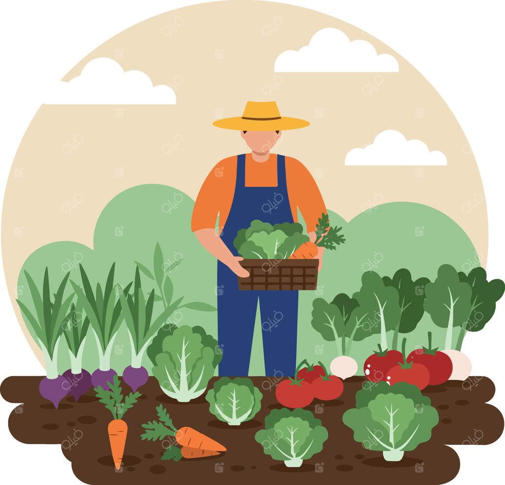 کشاورزی در حال برداشت سبزیجات تازه در باغی رنگارنگ با استفاده از تصویرسازی تخت