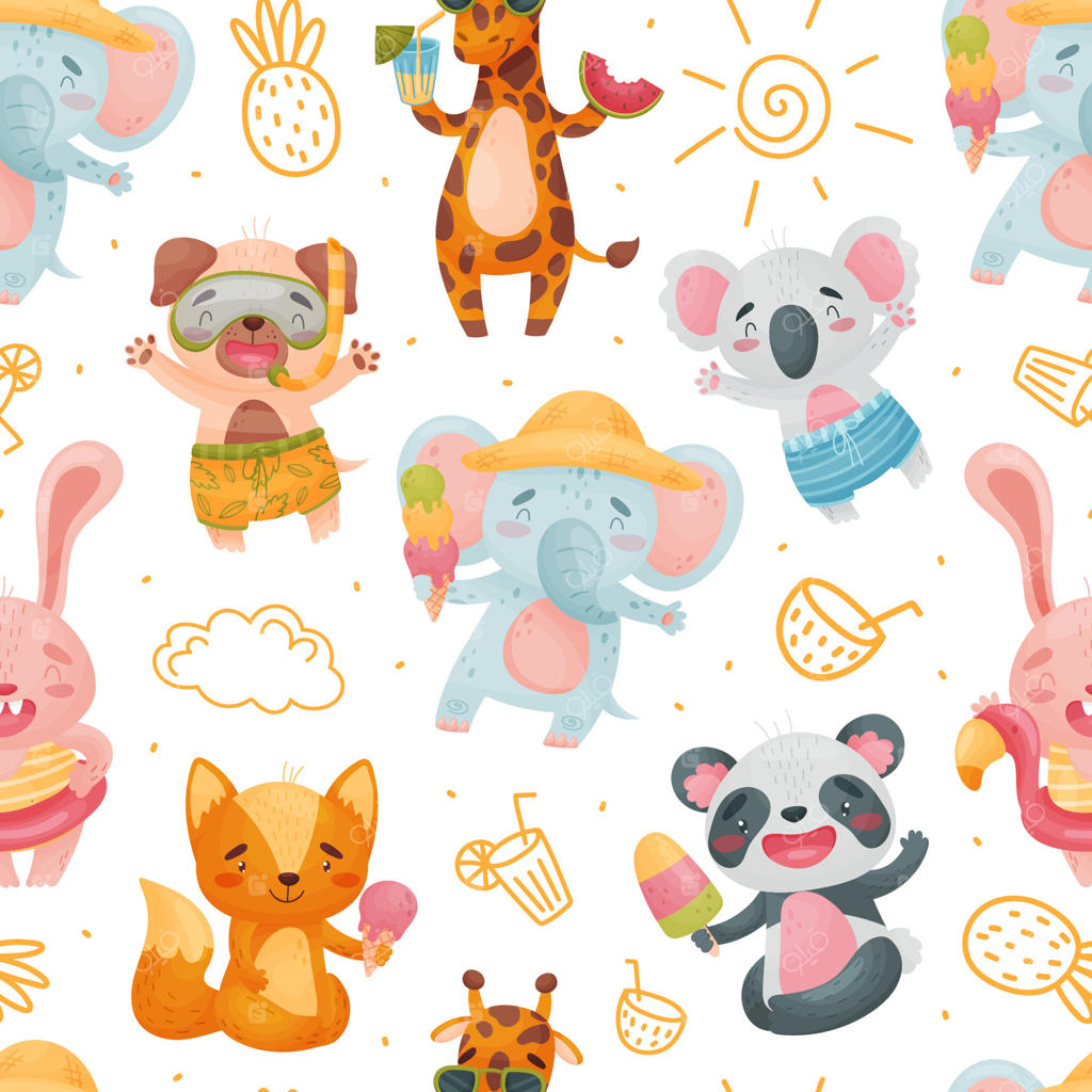 حیوانات کارتونی بازیگوش با بستنی و نوشیدنی (وکتور حرفه‌ای)