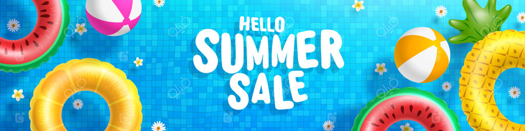 سلام به فروش ویژه‌ی تابستانی با فلوترهای رنگارنگ روی آب در پس‌زمینه استخر کاشی‌کاری شده.