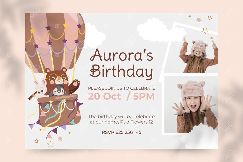 دعوت‌نامه تولد با حیوانات کارتونی و عکس کودک