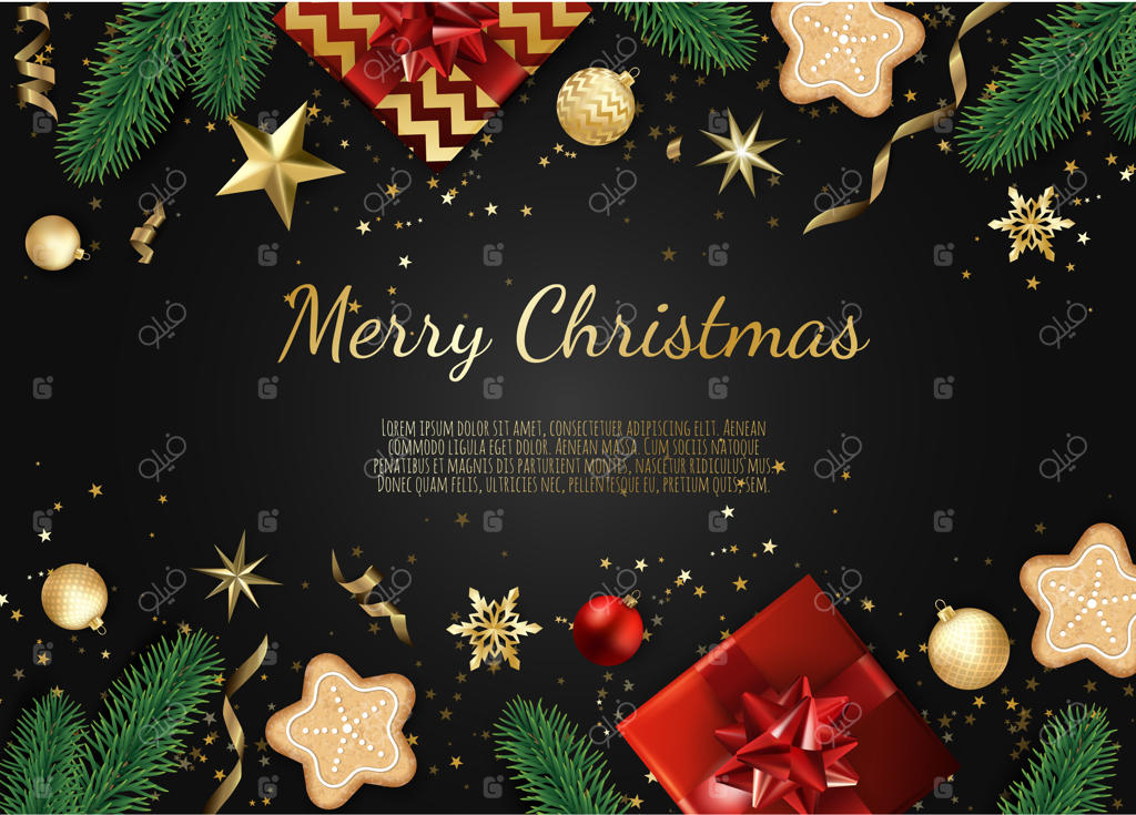 بنر با شاخه‌های درخت کریسمس، ستاره‌های طلایی، گوی‌های کریسمس و فضای متن