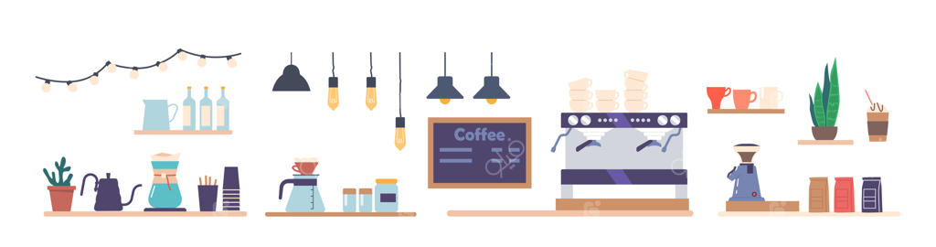 مجموعه تجهیزات کافی‌شاپ و منوی ابزار باریستا: تخته‌سیاه، دستگاه قهوه‌ساز، قفسه بطری‌ها، فنجان‌ها و لامپ‌ها