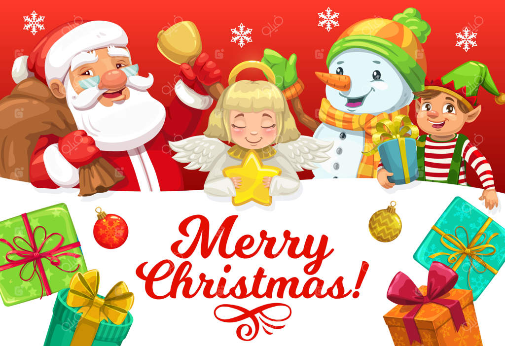 بابانوئل و یارانش با کارت تبریک هدیه‌های کریسمس در تعطیلات زمستانی.