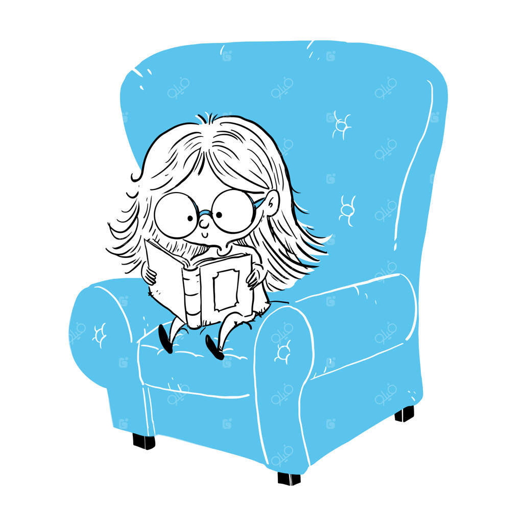 دختری در حال خواندن کتاب روی صندلی راحتی نشسته است