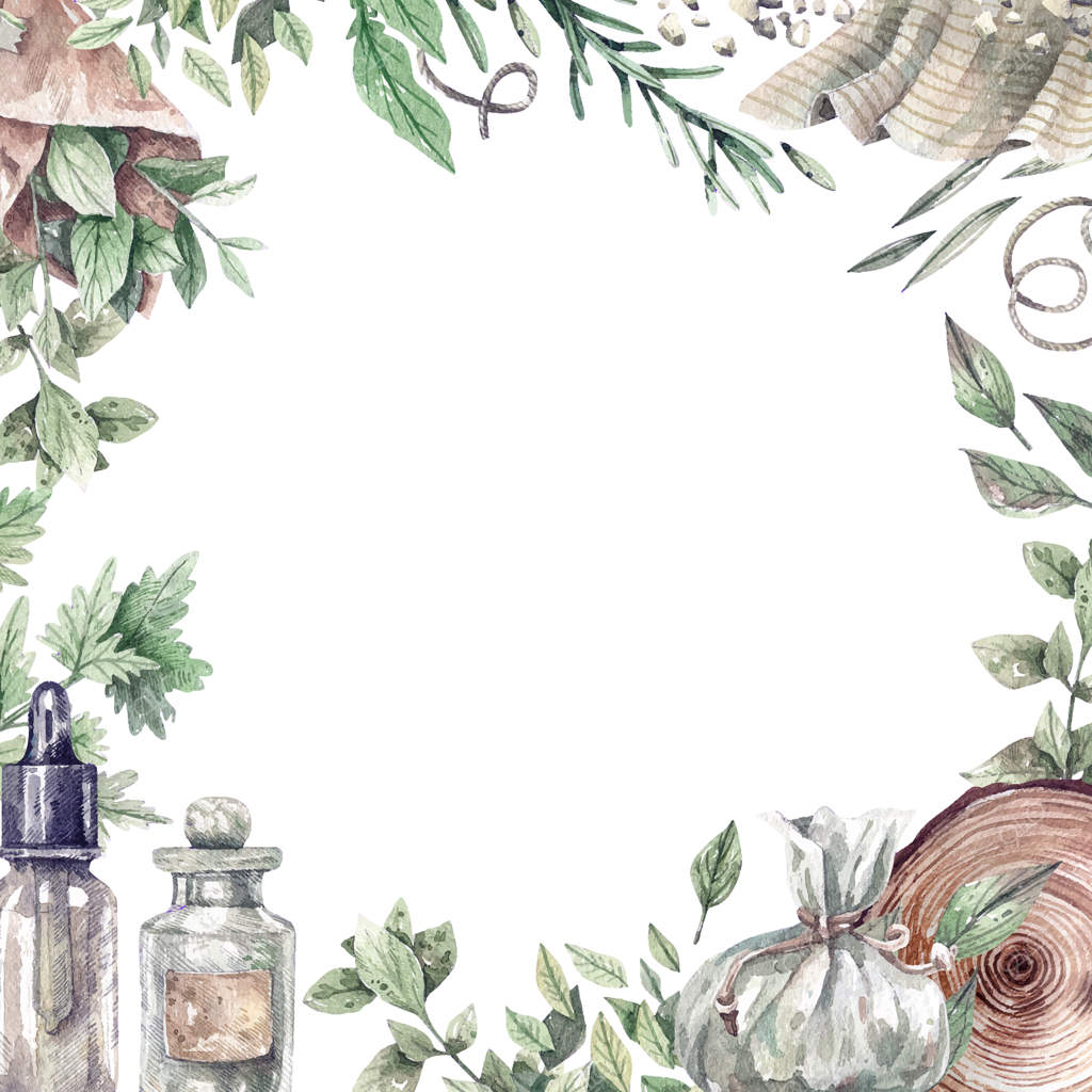 قاب آبرنگی با شیشه دارو و گیاهان ارگانیک سلامتی. گیاهان سبز و خشک برای آروماتراپی، دارو، و لوازم آرایشی ارگانیک. محصول مراقبت سلامتی