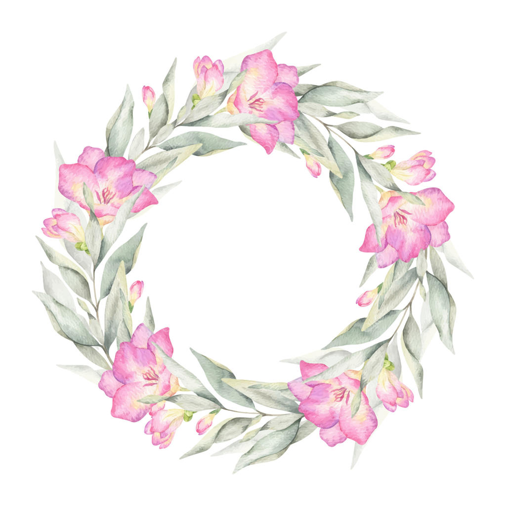 گل‌های صورتی، غنچه‌ها و برگ‌ها. حلقه‌ای از گل‌های باغ. قاب گرد دستی نقاشی شده با آبرنگ. طراحی گل‌های تابستانی برای دعوت‌نامه‌های عروسی، کارت‌پستال‌ها، بسته‌بندی کالاها و کارت‌های روز مادر.