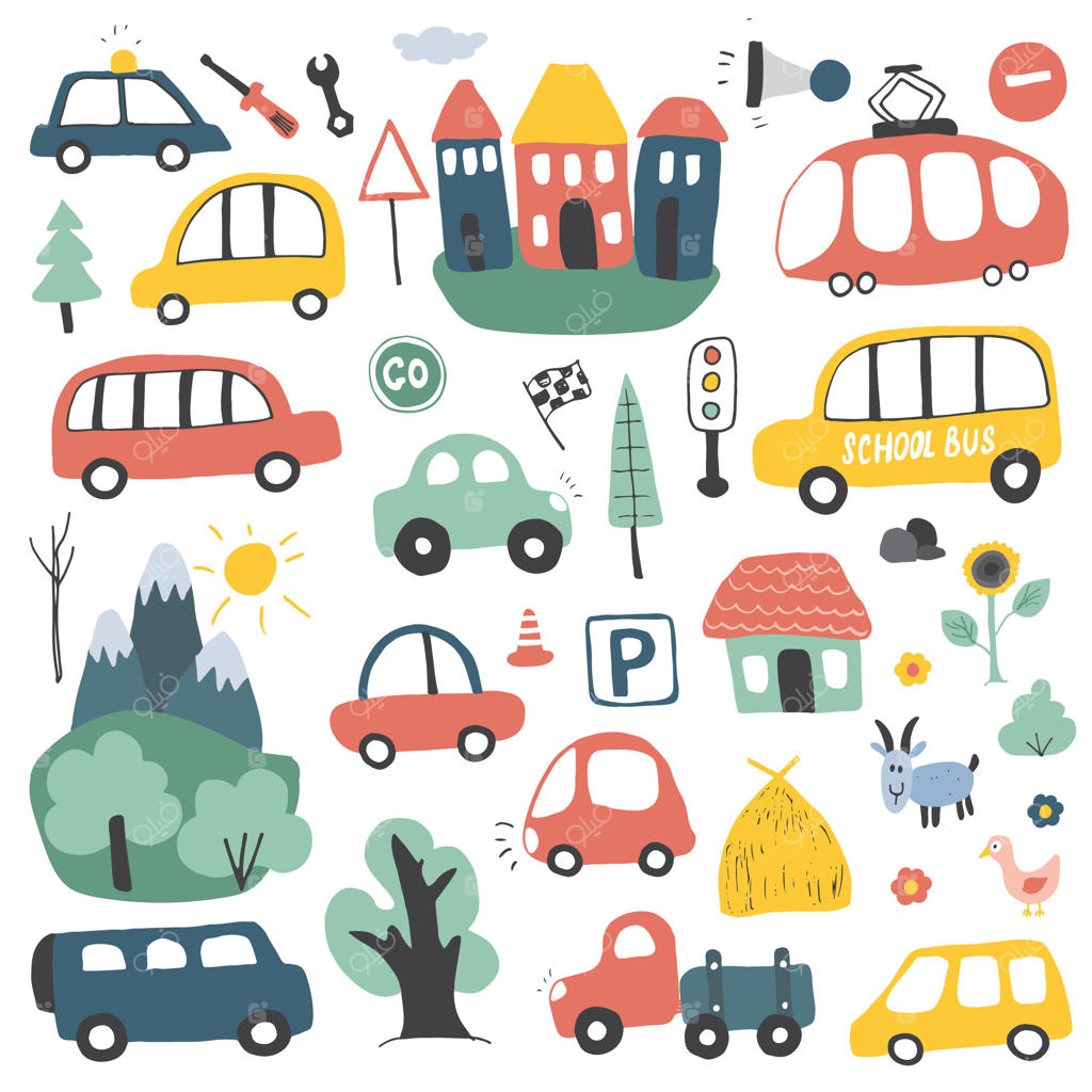 تصویرسازی‌های رنگارنگ وسایل نقلیه و طبیعت برای کودکان