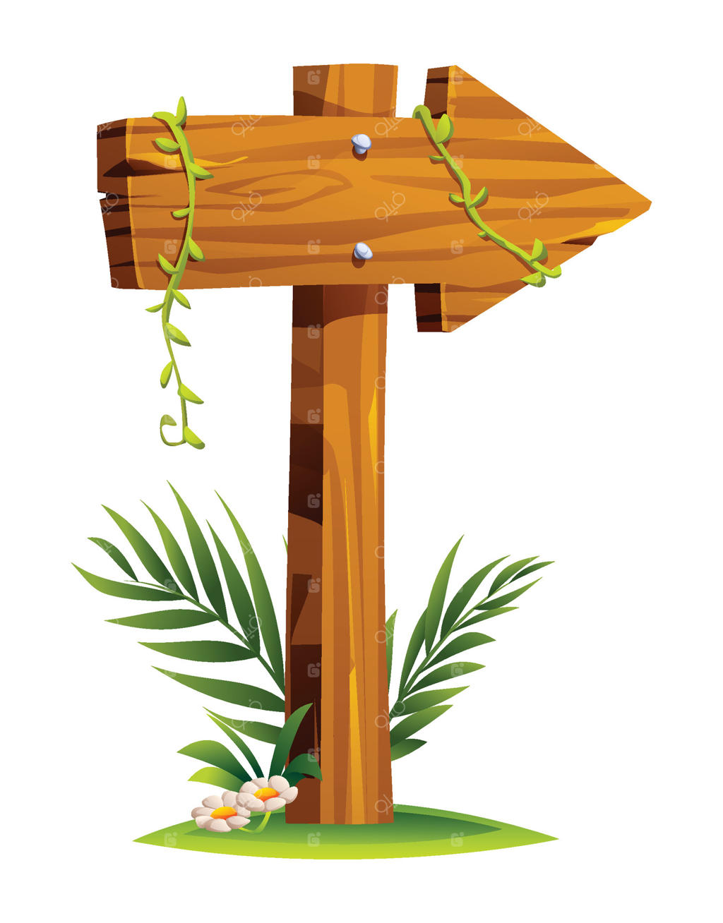 تابلوی چوبی فلش‌دار با انگور، گیاهان برگی و زمینه‌ی‌ گرمسیری. تصویر کارتونی