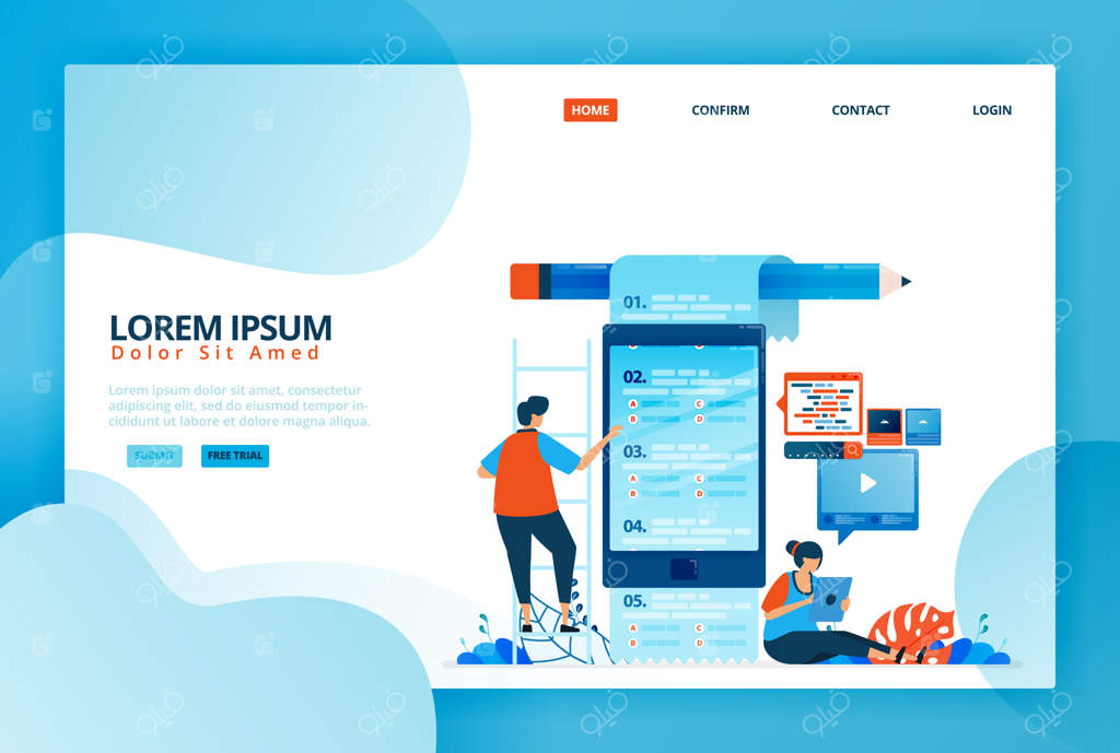 تصویرسازی کارتونی برای امتحانات و نظرسنجی‌های آنلاین. اپلیکیشن‌های موبایل برای آموزش از راه دور. آموزش مدرن و روش‌های آینده تحصیل.