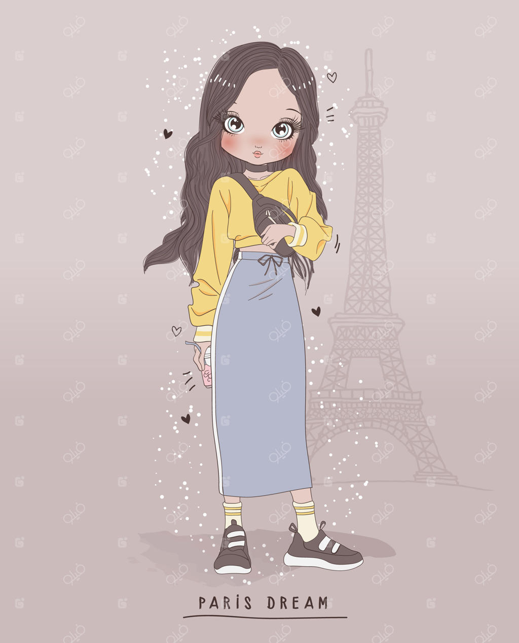 نقاشی دستی دختر بامزه با پس‌زمینه