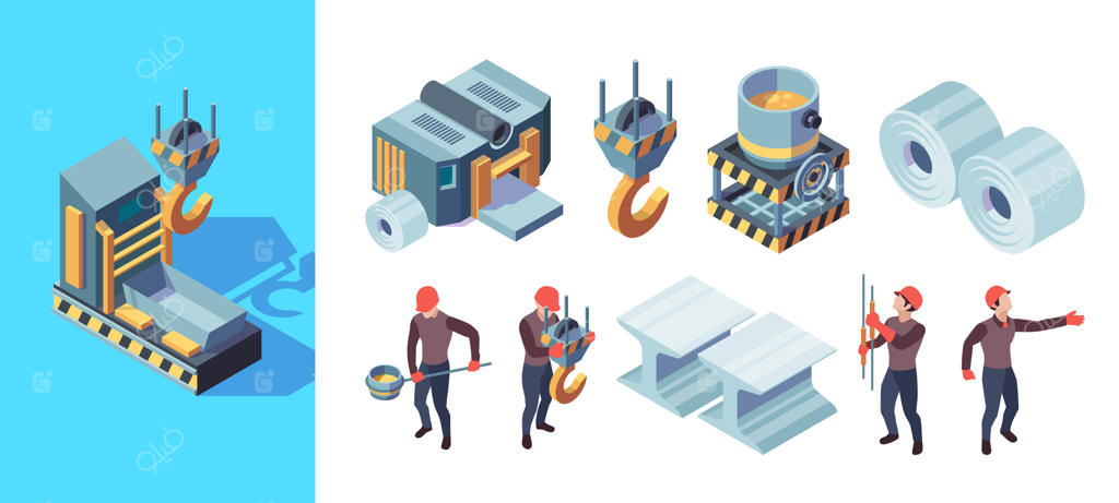 کارخانه متالورژی: تولید آهن و فولاد سنگین - تصویر ایزومتریکاز تولیدات کارخانه ریخته‌گری