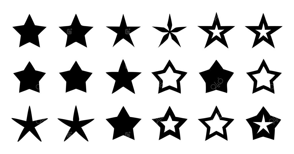 مجموعه متنوع سیلوئت‌ها و آیکون‌های انتزاعی ستاره سیاه در پس‌زمینه سفید