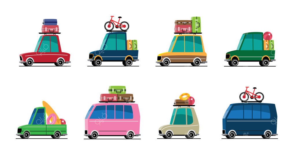 تصویرسازی مجموعه خودروهای جاده‌ای تابستانی برای تعطیلات