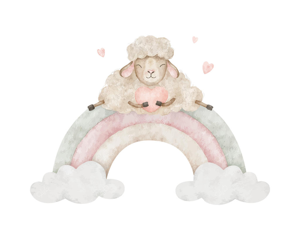 گوسفندان عاشق نشسته بر رنگین‌کمان و ابرها، قلب‌ها. شخصیت بره‌ی بانمک و خواب‌آلود. تصویر آبرنگی دست‌کشیده برای کارت و پوستر ولنتاین، مفهوم عشق.