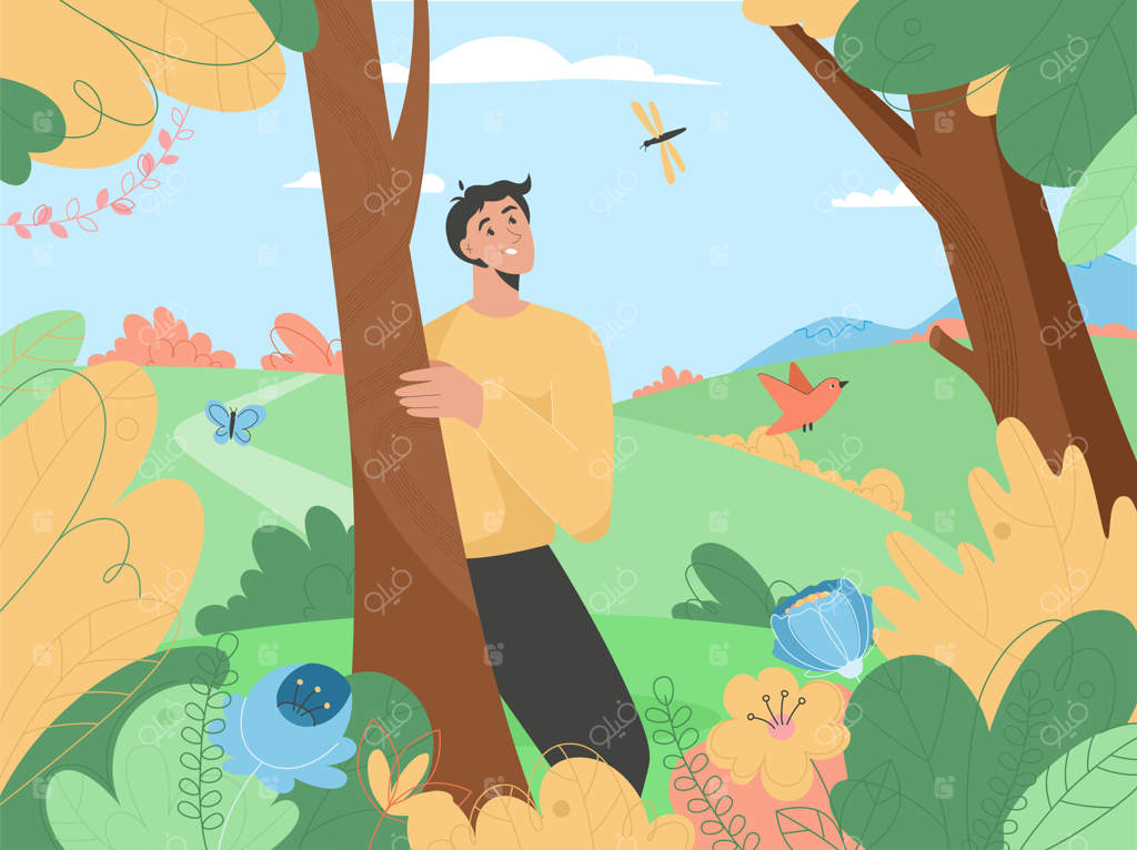 مرد خوشحالی که از طبیعت در میان گل‌ها و گیاهان شکوفا لذت می‌برد