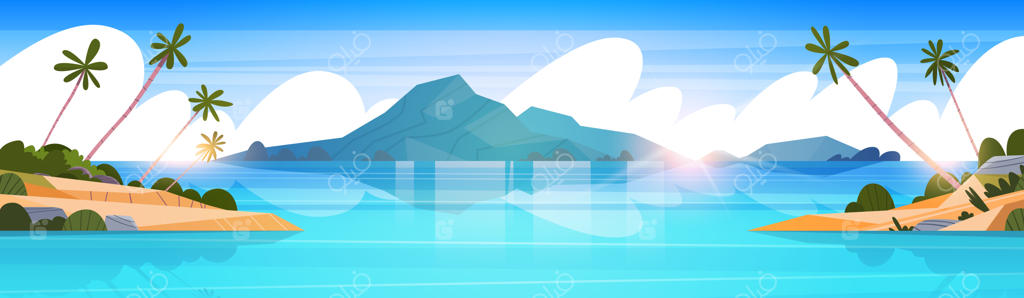 تابلو تابستانی زیبای ساحلی گرمسیری با درختان نخل و کوه‌های سایه‌ای