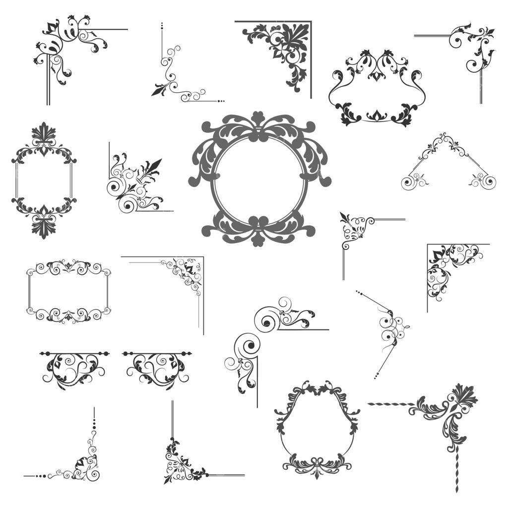 عناصر طراحی خوشنویسی: خطوط دکوراتیو و گردان، قاب‌های قدیمی، تزئینات، برچسب‌ها و جداکننده‌ها. تصویرسازی وکتور به سبک رترو.