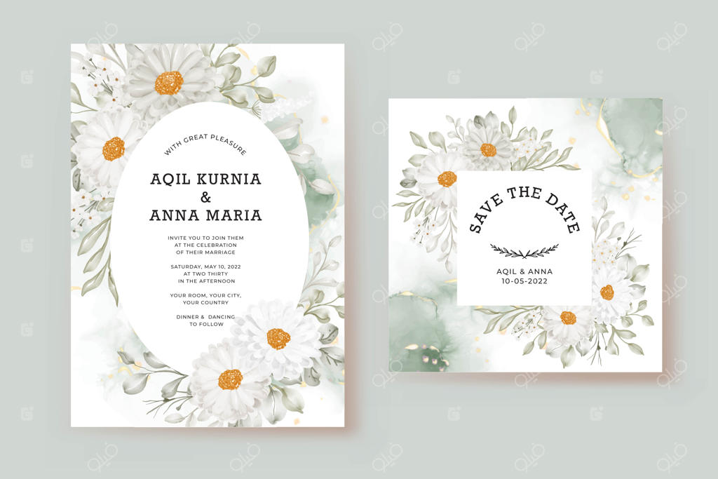 قالب دعوت‌نامه عروسی با آبرنگ گل‌های سفید و برگ‌های سبز