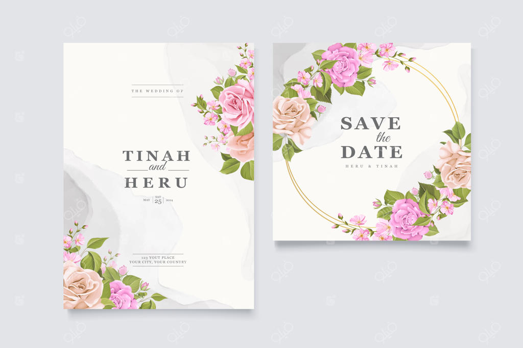 کارت عروسی شیک با طرح گل‌ها و برگ‌های زیبا